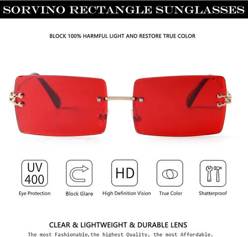 Vista 5 de SORVINO Lentes de sol rectangulares sin montura para mujeres y hombres, a la moda, color rosa, azul, lentes tintados sin marco