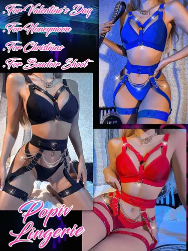 Vista 5 de popiv Conjunto de lencería de tirantes para mujer con cadena, liguero y medias, 4 piezas