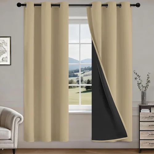 Vista 26 de COSVIYA Cortinas opacas 100% beige Biscotti para dormitorio, juego de 2 paneles de 63 pulgadas de largo, bloqueo de luz completa, aislamiento