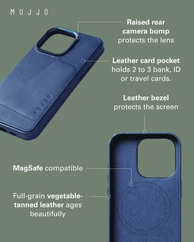 Vista 2 de Mujjo Funda de cuero tipo cartera para teléfono Compatible con iPhone 15 Pro Max Compatible con MagSafe Funda de cuero europeo de primera calidad