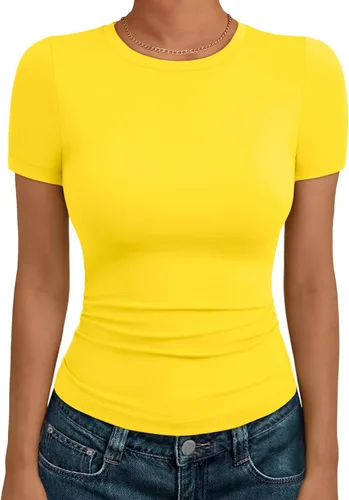 Vista 16 de AUTOMET - Camisetas básicas de manga corta para mujer, para verano, entrenamiento o gimnasio, con cuello redondo, ropa moderna estilo Y2K