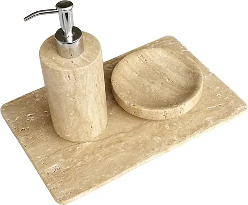 Vista 2 de Bandeja de travertino beige de mármol natural, bandeja de queso de repostería, plato de café de postre, losa de mármol suave de doble cara