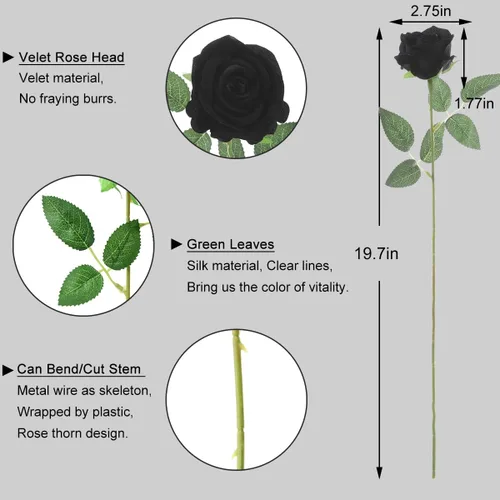 Vista 6 de 12 rosas artificiales de terciopelo sintético para decoración del hogar y boda (rosa perla, negro)
