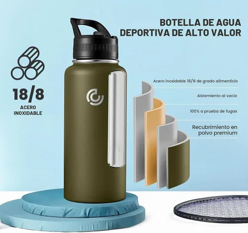 Vista 3 de COKTIK Botella de agua deportiva de 32 onzas, botella de agua de acero inoxidable para aislamiento térmico, botella de viaje reutilizable, con Verde