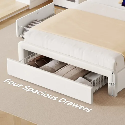 Vista 5 de Seventable Base de cama de tamaño individual con 3 cajones de almacenamiento y estación de carga, cama de plataforma tapizada con cabecera de Blanco
