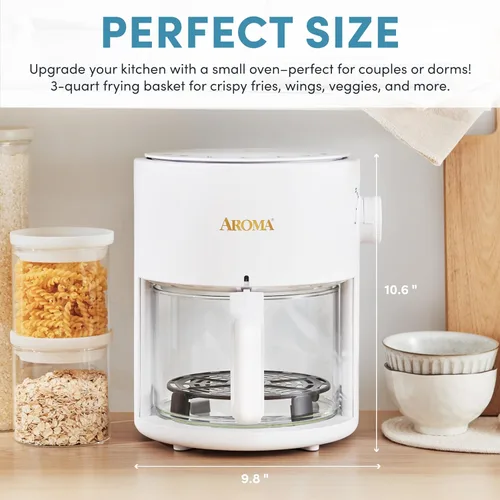 Vista 5 de AROMA® Freidora de aire de vidrio y horno de convección de encimera con potente tecnología 360Crispy™ (3 cuartos), blanco