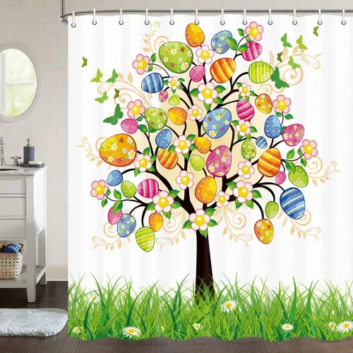 Vista 2 de JAWO Cortina de ducha de Pascua, huevos de Pascua, cortina de ducha de huevos de Pascua, huevos pintados, flores florales, mariposas, cortinas