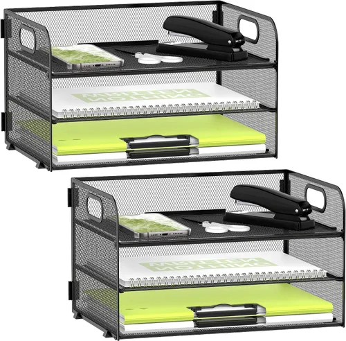 Vista 9 de Daltack Organizador de papel de 3 niveles con asa, organizador de escritorio de malla, bandeja de cartas, organizador de archivos para carpetas A4