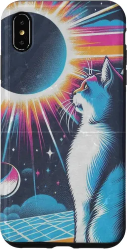 Vista 7 de iPhone 15 Cat Solar Eclipse - Synthwave Retro Poster Style Case