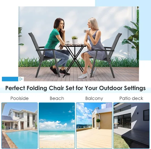 Vista 9 de Giantex Juego de 2 sillas plegables para patio, sillas de comedor portátiles al aire libre con reposabrazos para porche, camping, piscina, playa