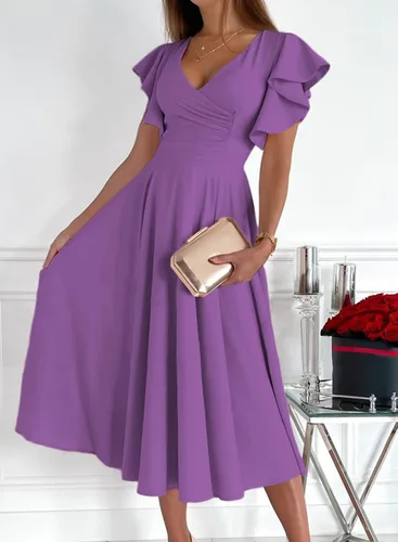 Vista 2 de Dokotoo Vestido de fiesta elegante con cuello en V para mujer, vestido de manga corta, vestido de patinadora, vestidos de invitados de boda