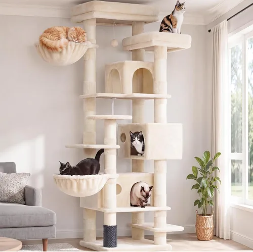 Vista 9 de Hey-brother Árbol de Gato, torre de gato de varios niveles XL de 74 pulgadas para gatos de interior con tres condominios para gatos, dos plataformas
