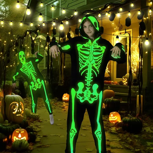 Vista 4 de PARTISKY Adult Onesie Skeleton Costume Women & Men, Glow in the Dark Halloween Skeleton Jumpsuit with Zipper Hooded