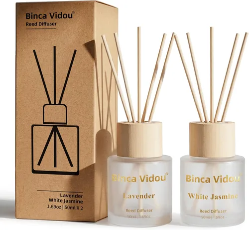 Vista 16 de Juego de difusor de cañas, Binca Vidou difusores de aceite de fragancia natural de lavanda y jazmín con varillas para aromaterapia en el hogar