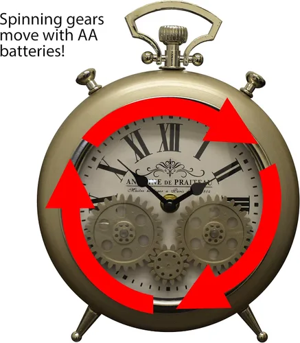 Vista 2 de Reloj de escritorio de esqueleto dorado y plateado estilo cronómetro vintage con engranajes móviles