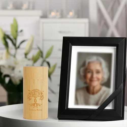 Vista 5 de Paquete de 2 urnas pequeñas para recuerdo de cenizas humanas, mini urnas de bambú con patrón de árbol de la vida, mini urna de cremación