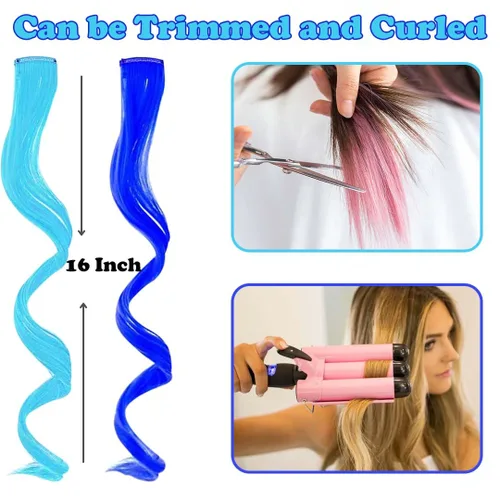 Vista 3 de Extensiones de cabello de colores con clip, 12 piezas, 6 azules + 6 azul turquesa