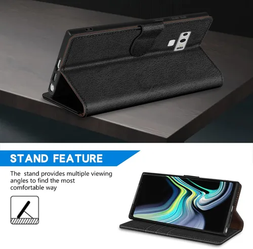 Vista 4 de ZZXX Funda tipo cartera para Samsung Galaxy Note 9 con bloqueo RFID, ranura para tarjetas, función atril, cierre magnético, funda protectora de Negro