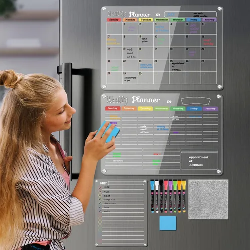 Vista 6 de Hivillexun Juego de 3 pizarras magnéticas de borrado en seco de acrílico – Organiza tu refrigerador, pared o frigorífico con planificadores