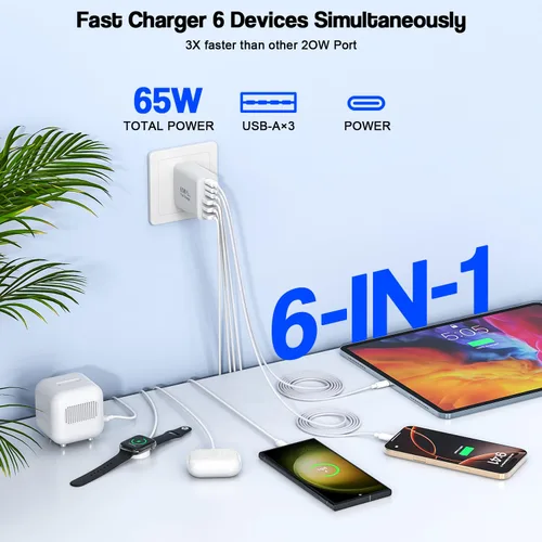 Vista 2 de Bloque de carga USB C de 65 W, paquete de 2 bloques de carga rápida de 6 puertos con cable tejido tipo C a tipo C de 6 pies de largo, enchufe