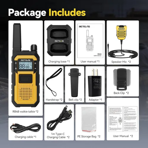 Vista 10 de Retevis RB48 Walkie Talkies avanzados de triple prueba con micrófono de hombro, MIL-STD 810H, VOX, recordatorio de vibración, PTT dual, SOS, NOAA