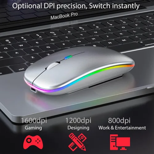 Vista 2 de Q&F Tech Ratón/mouse inalámbrico recargable Bluetooth, LED delgado, dos modos (2.4G + BT5.4) Botones silenciosos/silenciosos con 3 DPI ajustables