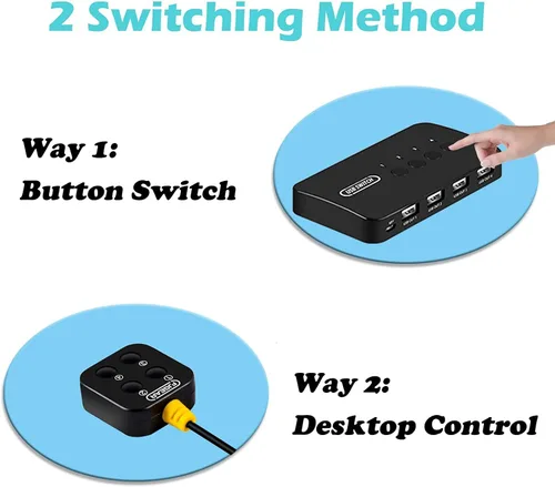 Vista 5 de Interruptor USB de 4 en 4 salidas, selector de conmutador USB de 4 puertos para 4 computadoras compartidas 4 dispositivos teclado, ratón, impresora