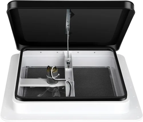 Vista 2 de Kit de ventilador reversible Livpow para techo de RV de 12V, 35.6 cm x 35.6 cm, tapa manual de elevación negra