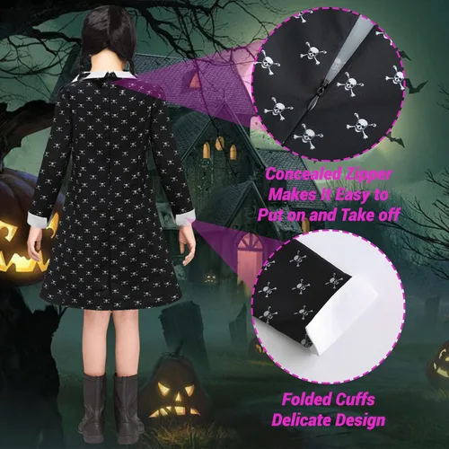 Vista 4 de ZIW Girls Wednesday Addams Costume Dress Kids Family Halloween Costumes Skull Printed Long Sleeve Pugsley Cosplay