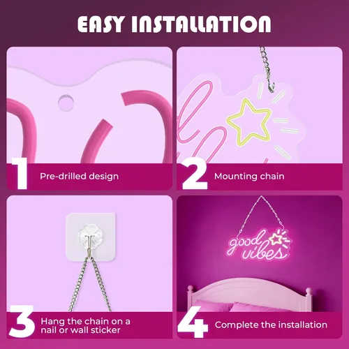 Vista 6 de Letrero de neón Good Vibes, 16 x 8.6 pulgadas, letreros de neón para decoración de pared con interruptor regulable, alimentado por USB, luces