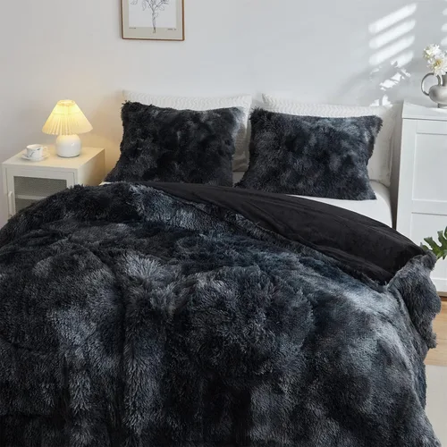 Vista 3 de Wajade Juego de edredón de felpa de pelo sintético teñido anudado negro, juego de ropa de cama mullido y peludo, juego de edredón de microfibra