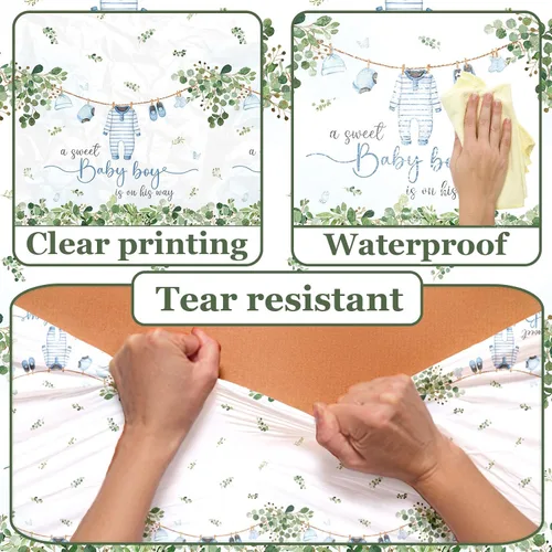 Vista 6 de Paquete de 3 manteles decorativos para baby shower, acuarela Greenery A Sweet Baby Boy Is On The Way Baby Shower, mantel impermeable para baby
