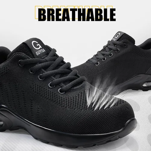 Vista 6 de GLANOUDUN Zapatos de punta de acero para hombre, ligeros, con amortiguación de aire, zapatos de trabajo de seguridad indestructibles, zapatos