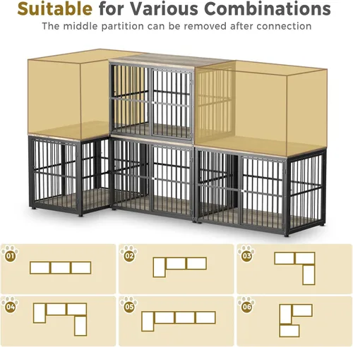 Vista 8 de Lyromix Mueble apilable para perros de 43 pulgadas, para razas grandes con habitaciones dobles, jaula de madera para perros, perrera resistente