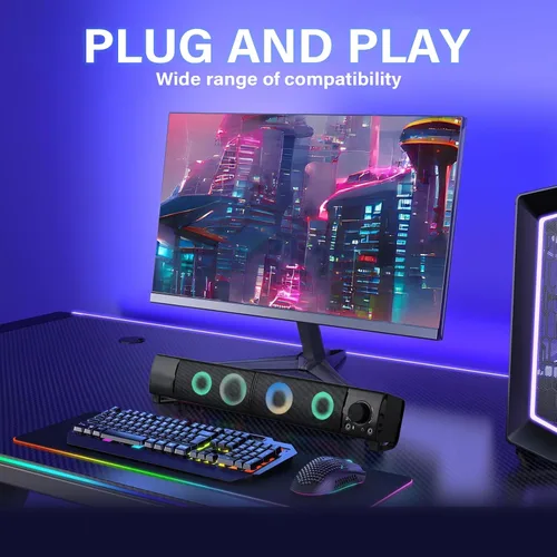 Vista 6 de Altavoces de computadora con cable diseñados para dispositivos de escritorio, sonido claro USB Plug and Play con iluminación RGB Características