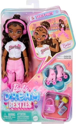 Vista 6 de Muñeca Barbie Dream Besties y accesorios, muñeca posable Barbie Brooklyn patinadora con temática de música y video con cabello castaño oscuro, 9