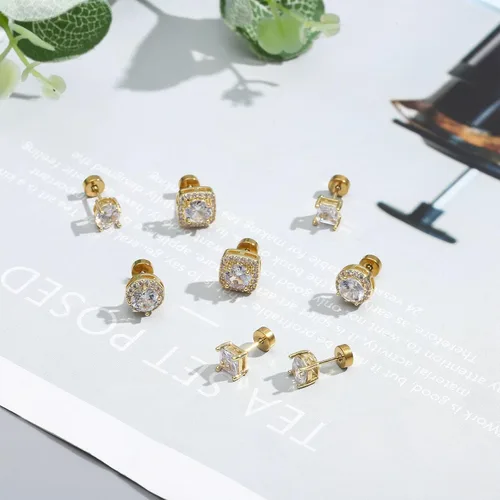 Vista 5 de NEWITIN 4 Pairs Flat Back Stud Earrings for Men Cubic Zirconia Halo Earring Dorado (Gold A)