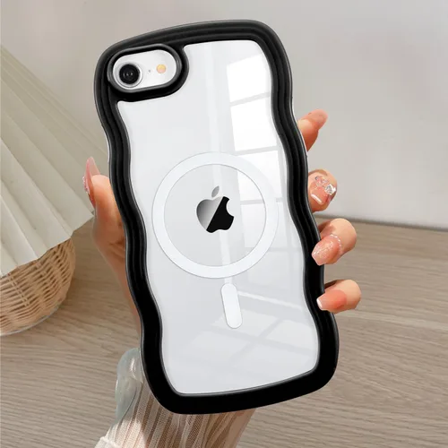 Vista 56 de QLTYPRI Funda magnética para iPhone 11 compatible con Magsafe, bonita funda transparente con marco de onda rizada para niñas y mujeres, parachoques