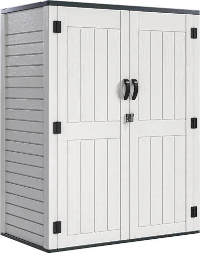 Vista 13 de YITAHOME - Cobertizo de almacenamiento horizontal al aire libre con puerta bloqueable en forma de X, cobertizo de herramientas de resina resistente