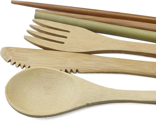 Vista 4 de JASHII Juego de cubiertos de bambú para viaje, incluye cuchillo reutilizable, tenedor, cuchara, palillos, popotes y cepillo (beige)