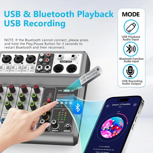Vista 4 de Aveek Mezclador de Audio Profesional, Consola de Mezcla de Placa de Sonido con 5 Canales Digital USB Bluetooth, Efecto de Eco y Retraso, Entrada