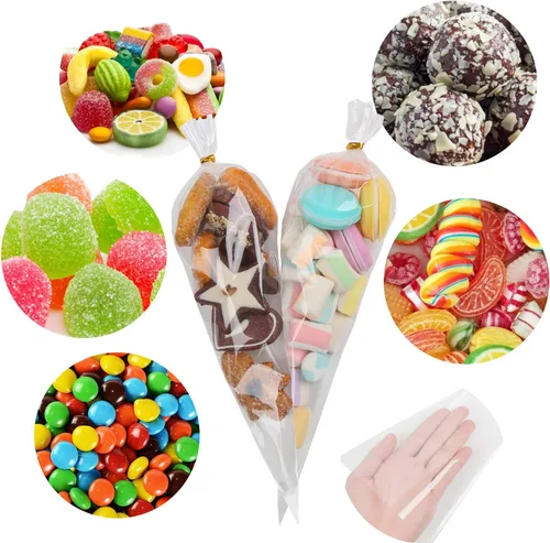 Vista 3 de LOMIMOS 100 bolsas de celofán en forma de cono de 6 x 12 pulgadas, bolsas de plástico triangulares transparentes con lazos coloridos para panadería