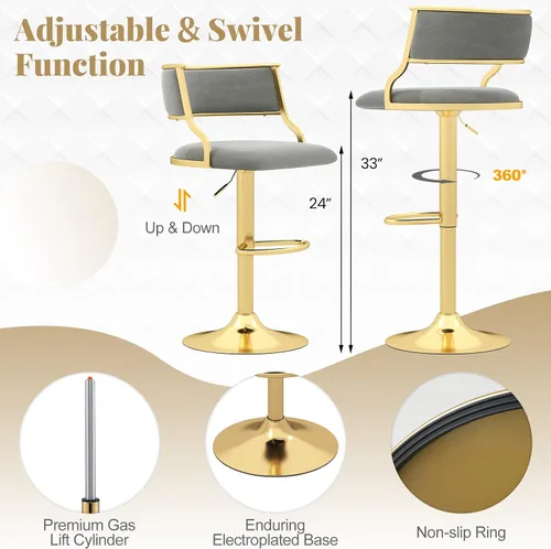Vista 6 de COSTWAY Taburete giratorio moderno de altura ajustable, juego de 2, gris y dorado Velvet Upholstered Island Stools with Barrel Back & Footrest