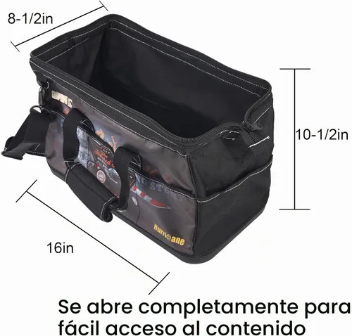 Vista 4 de Busted Knuckle Garage bolsa de herramientas portátil de 16 pulgadas con boca ancha, 21 bolsillos, gran espacio interior y base impermeable