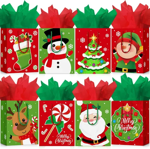 Vista 10 de Cholemy 16 piezas de bolsas de regalo de Navidad medianas gruesas con papel de seda, bolsas de papel kraft de Navidad con asas para envolver regalos