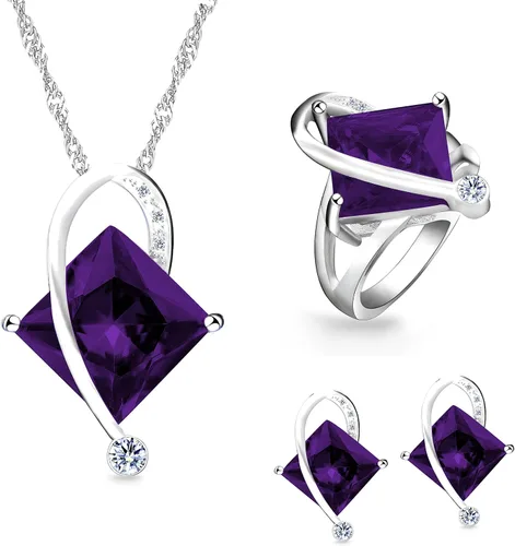 Vista 9 de Uloveido T295 - Juego de collar, anillo y aretes con topacio de cristal cuadrado grande Azul