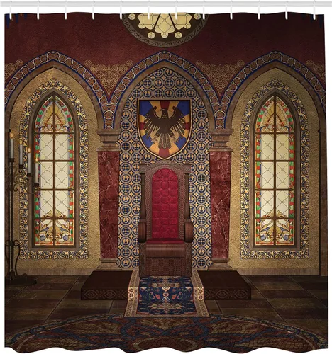 Vista 2 de Ambesonne Cortina de ducha gótica, color rojo medieval en la capilla, retrato de águila en la pared, impresión de construcción de fantasía, juego
