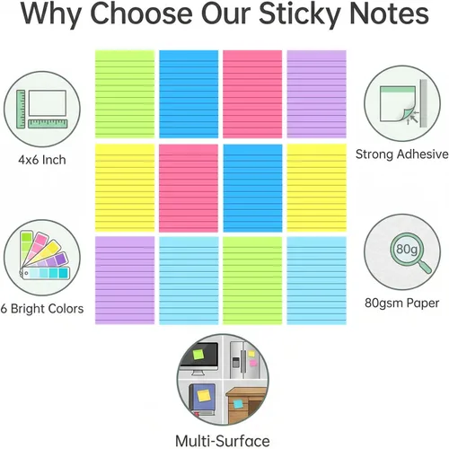 Vista 4 de Paquete de 12 notas adhesivas forradas de 4 x 6 pulgadas en colores brillantes, bloc de notas autoadhesivas con líneas, bloc de notas adhesivas
