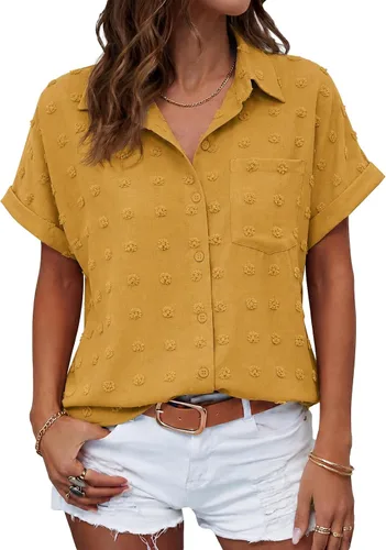 Vista 17 de Beautife Camisas con botones para mujer, blusas de manga corta Albaricoque