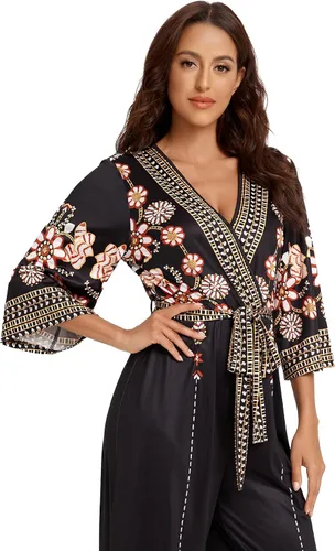 Vista 4 de Verdusa Mono bohemio floral de cintura alta con cinturón y pierna ancha para mujer